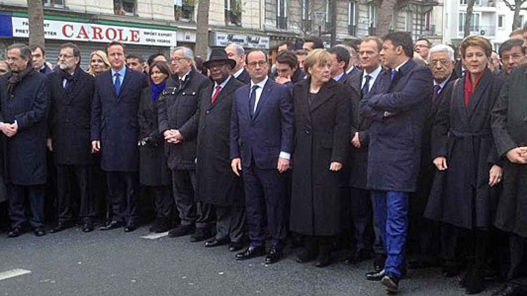 La cabecera de la manifestación contra el terrorismo yihadista de este domingo en París