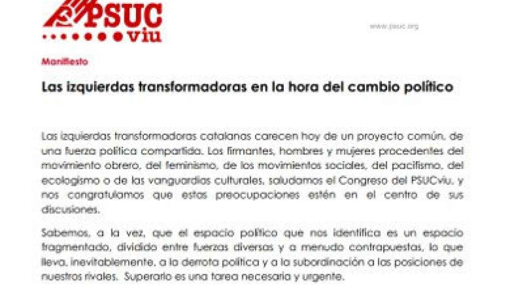 Manifiesto del PSUCviu 'Las izquierdas transformadoras a la hora del cambio político'