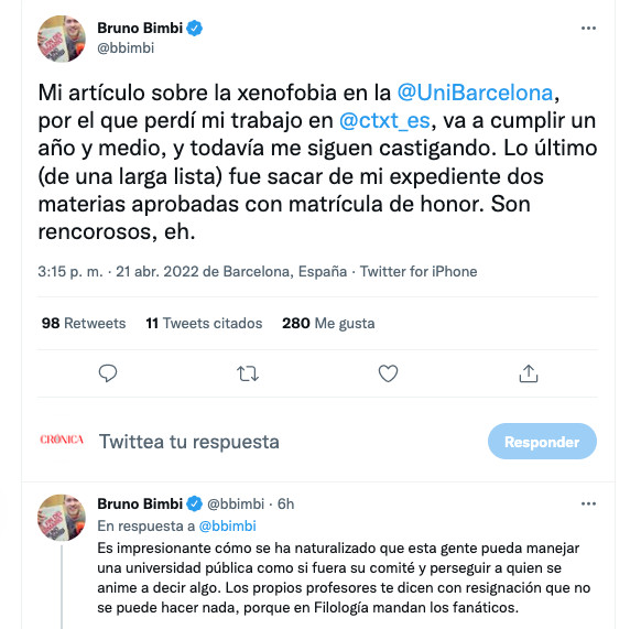 Bruno Bimbi denuncia ser víctima de persecución en la UB por sus críticas por motivos lingüísticos / TWITTER 