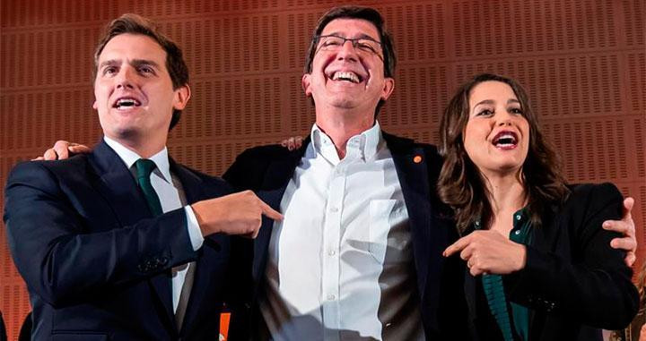 Albert Rivera, Juan Marín e Inés Arrimadas, tras conocer los resultados de las elecciones autonómicas de Andalucía / EFE