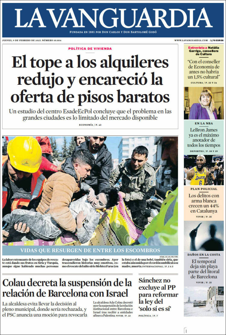 Portada de 'La Vanguardia' de 9 de febrero de 2023 / KIOSKO.NET