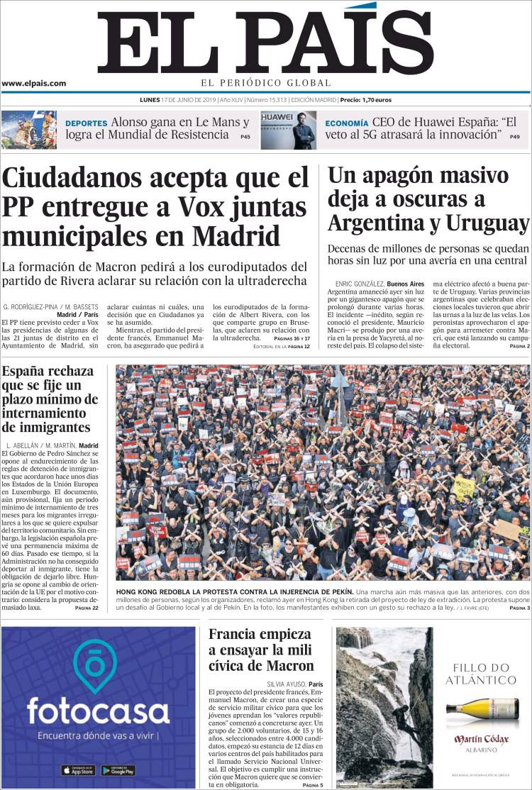 Portada de 'El País' del lunes 17 de junio