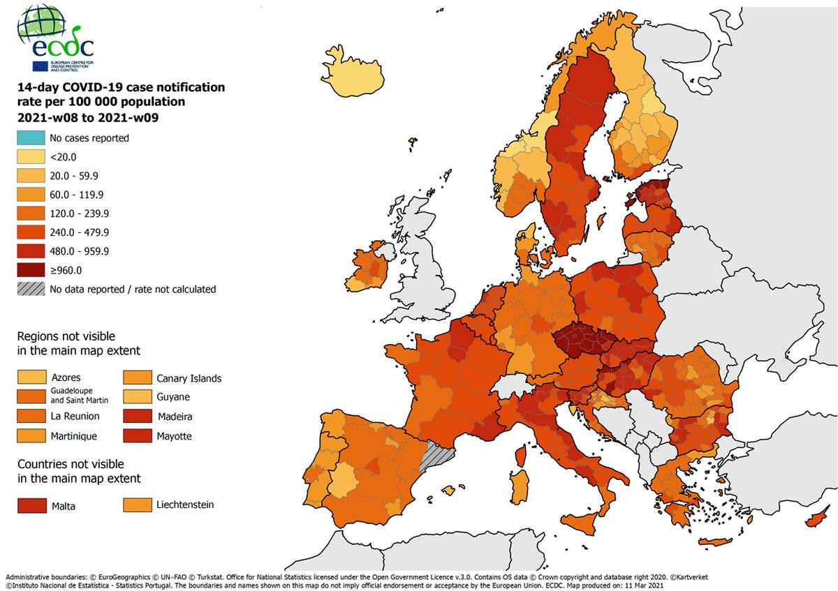 El mapa del ECDC sobre incidencia acumulada, sin datos de Cataluña / ECDC