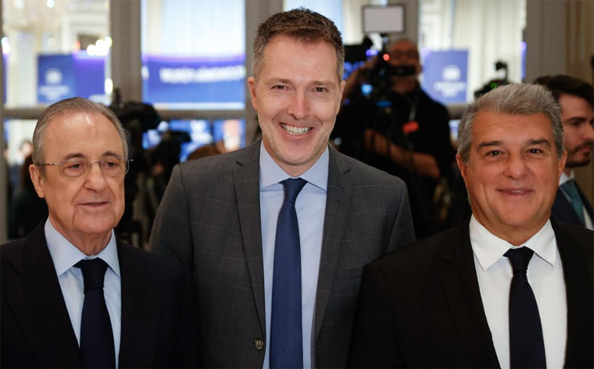 Laporta y Florentino, junto al CEO de la Superliga Europea / REDES