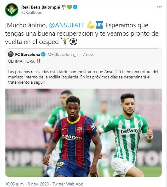 El Betis manda ánimos a Ansu en Twitter / REDES