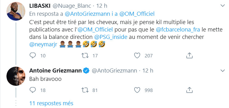 Respuesta de Griezmann a los tuits de sus segudores / Twitter