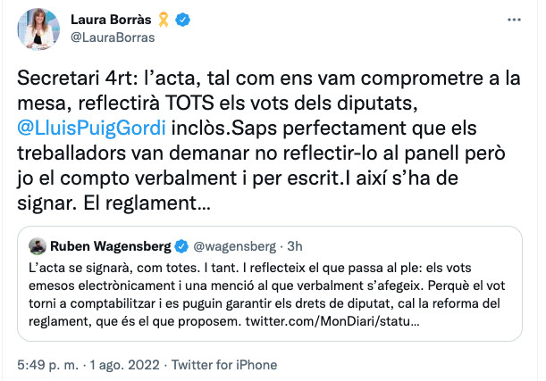 Tuits de la discusión entre Laura Borràs y Ruben Wagensberg por el voto delegado de Lluís Puig / @LauraBorras