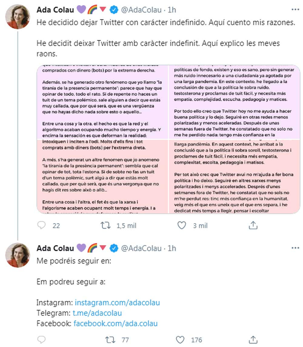 Ada Colau, comunicando su marcha de Twitter de forma indefinida / @AdaColau (TWITTER)