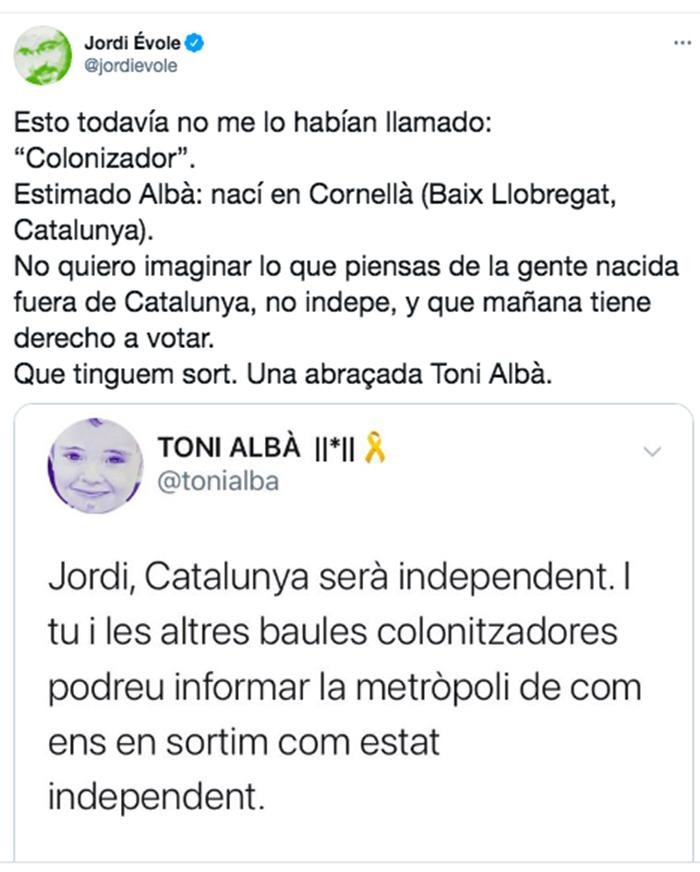 Tuit de Jordi Évole en respuesta a los ataques de Toni Albà