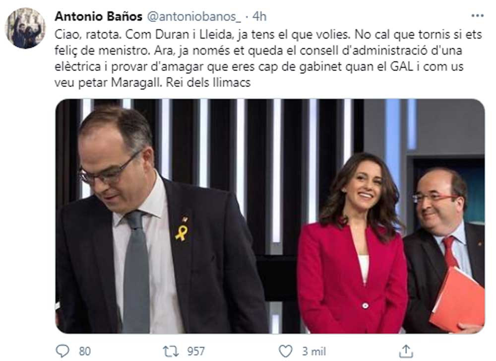 Antonio Baños, insultando a Miquel Iceta en su perfil de Twitter