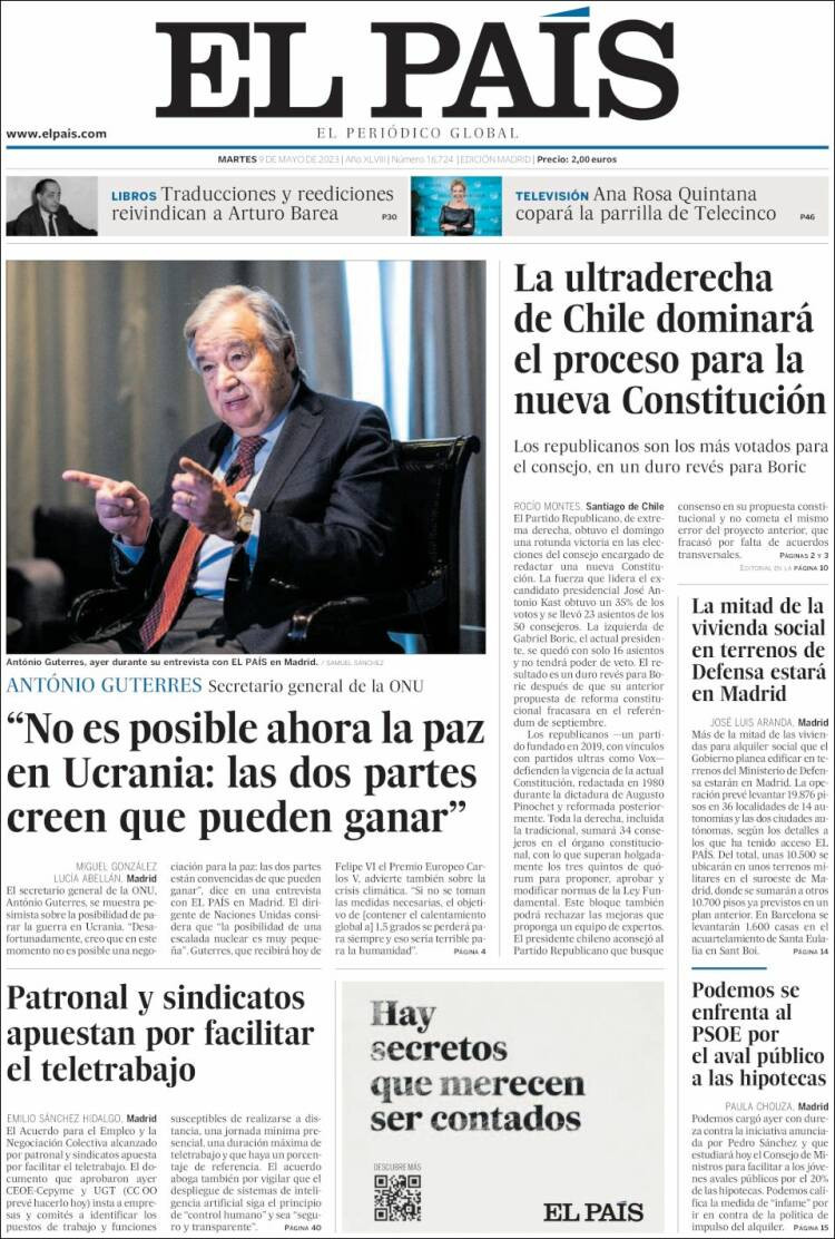 Portada de El País del martes 9 de mayo / KIOSKO.NET