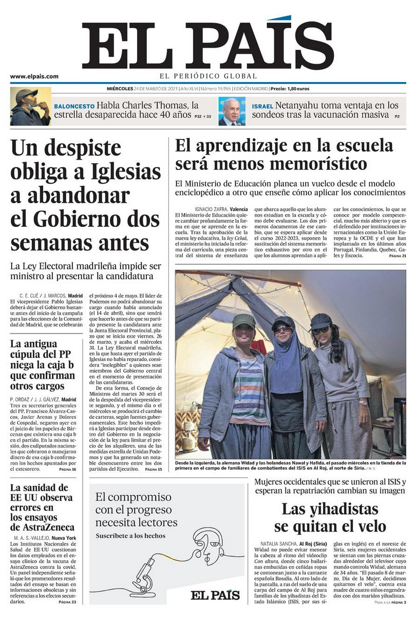 Portada de 'El País' del 24 de marzo de 2021 / EL PAÍS