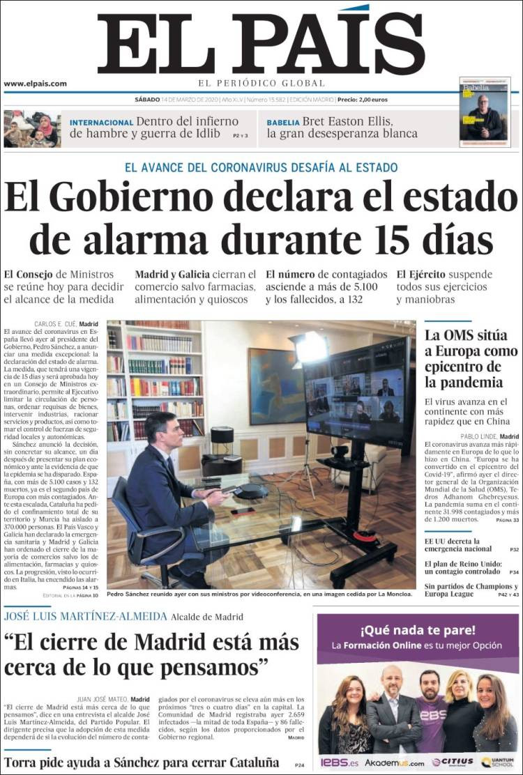 Portada de El País del 14 de marzo de 2020