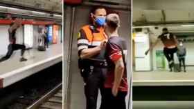 Tres imágenes de la sesión de 'parkour' en el Metro de Barcelona / CG