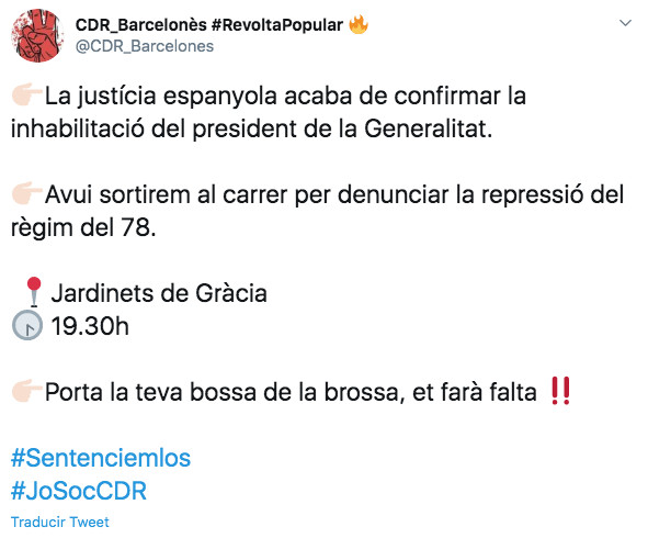 Convocatoria de los CDR para protestar por la inhabilitación de Torra / TWITTER