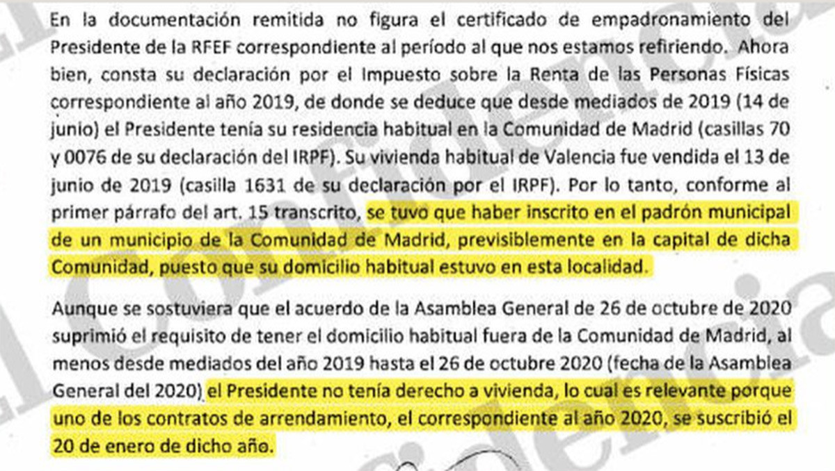 Extracto del informe de Hacienda sobre el piso de Luis Rubiales / HACIENDA
