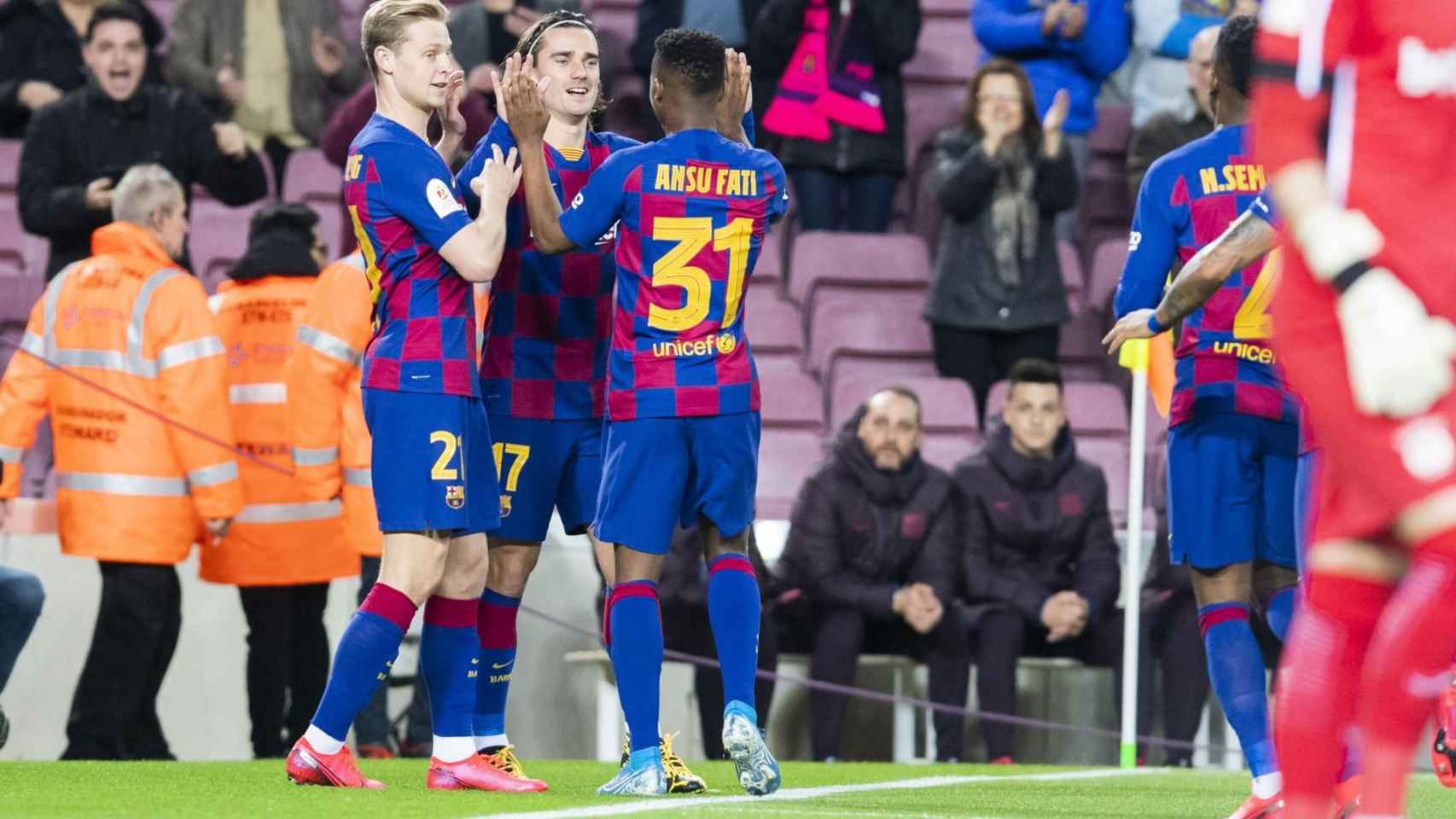 De Jong, Griezmann y Fati celebrando un gol contra el Leganés en Copa del Rey / FC Barcelona