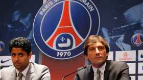 Al-Khelaifi y Leonardo, en una rueda de prensa del PSG | EFE