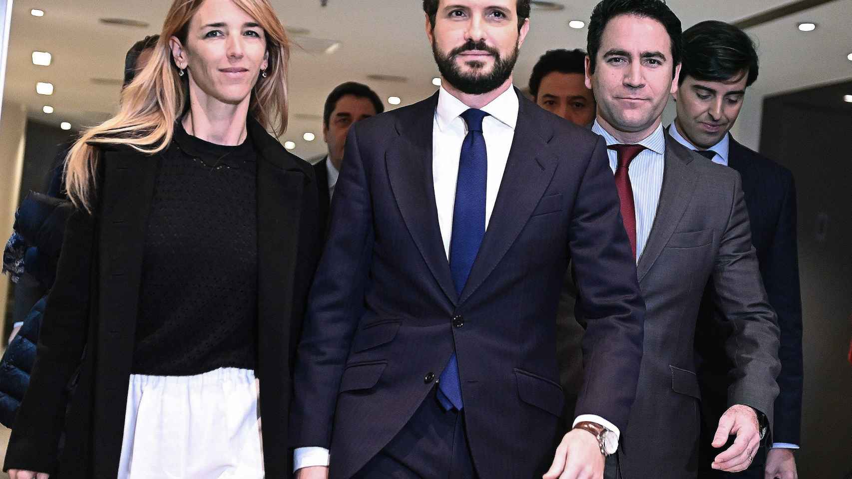 Cayetana Álvarez de Toledo, Pablo Casado y Teodoro García Egea, tras una reunión de la ejecutiva del PP / EFE