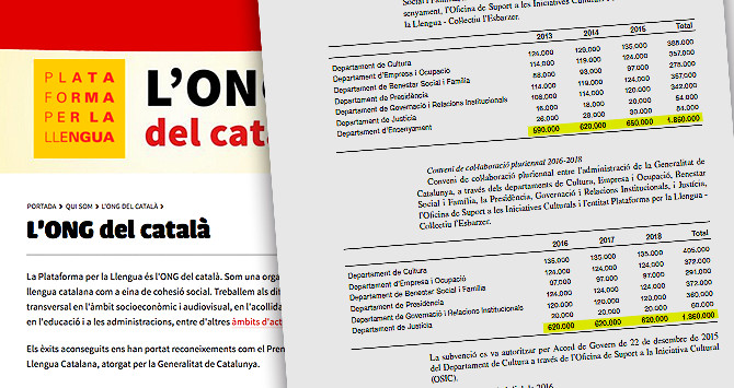 Fragmento del BOPC que muestra las subvenciones a Plataforma per la Llengua, la ONG del catalán / FOTOMONTAJE CG