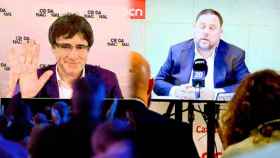 Carles Puigdemont y Oriol Junqueras en ruedas de prensa desde un plasma / CG
