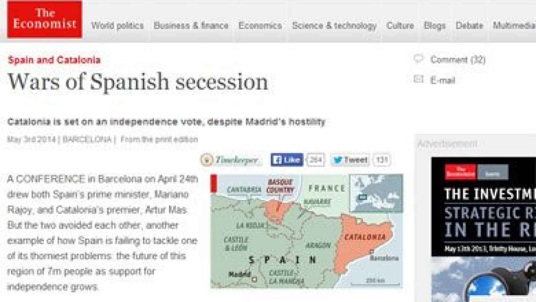 Artículo en 'The Economist' sobre la tensión independentista en Cataluña