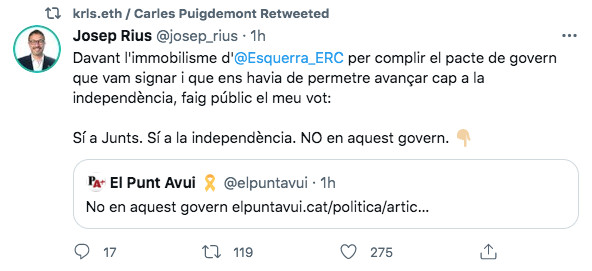 Tuit compartido por Carles Puigdemont en su cuenta de Twitter