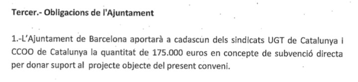 Extracto del convenio en el que el Ayuntamiento de Barcelona 'riega' a CCOO y UGT / CG
