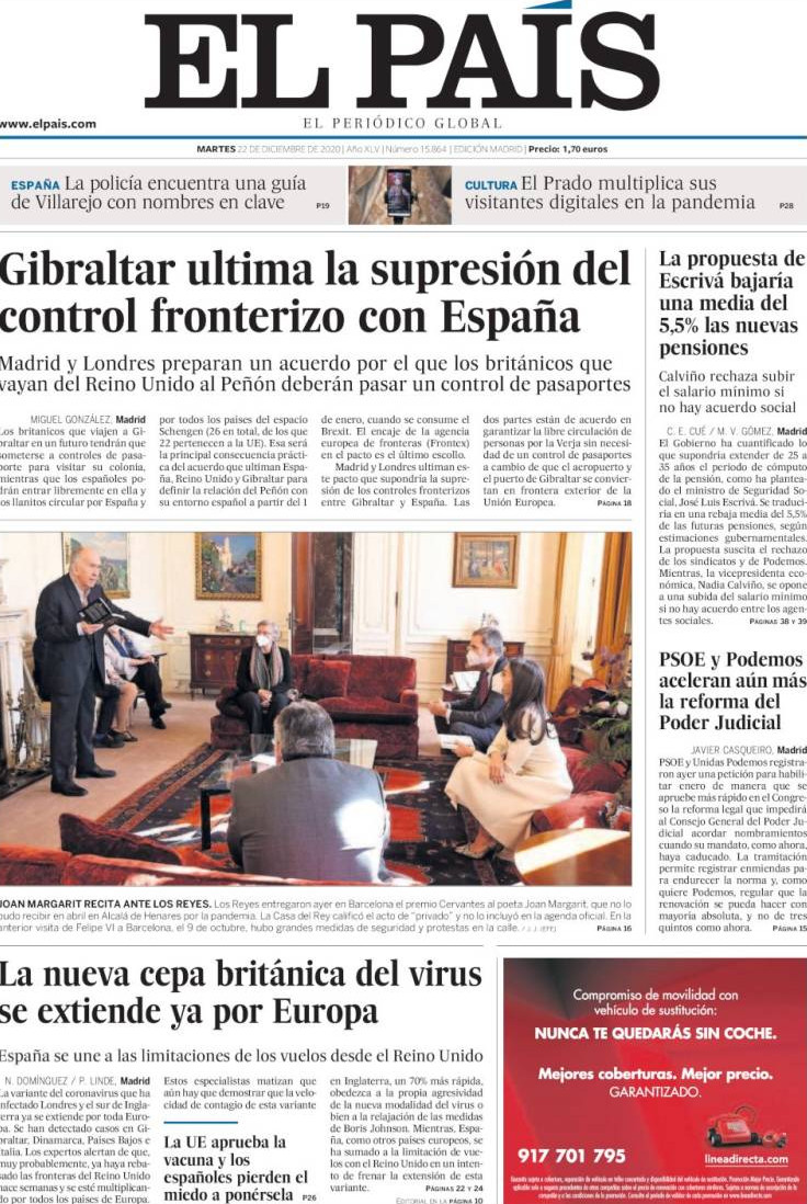 Portada de 'El País' del 22 de diciembre de 2020 / KIOSKO.NET