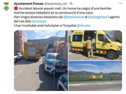 Tweet del Ayuntamiento de Les Presses informando del accidente que ha dejado crítico a un hombre tras caer de un andamio / TWITTER