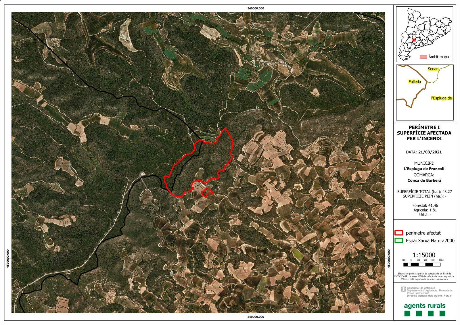 Imagen desde el satélite de la zona que abarcó el incendio en los municipios de Senan, L'Espluga de Francolí y Fulleda, en Tarragona / AGENTES RURALES