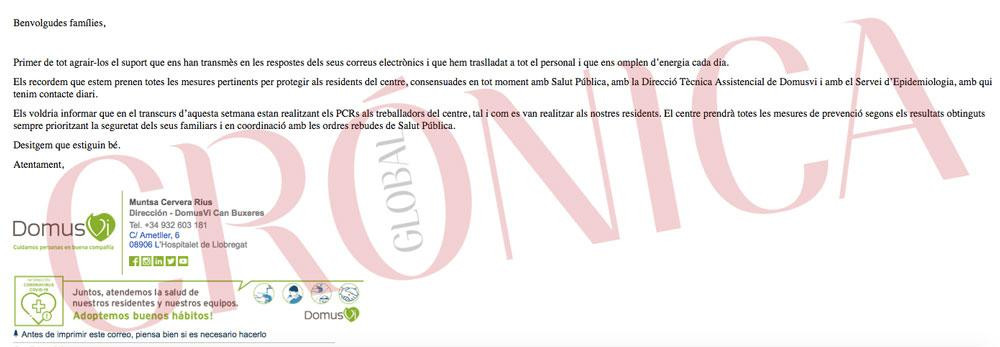 Comunicación de DomusVi Can Buxeres a los familiares de la residencia de L'Hospitalet de Llobregat / CG