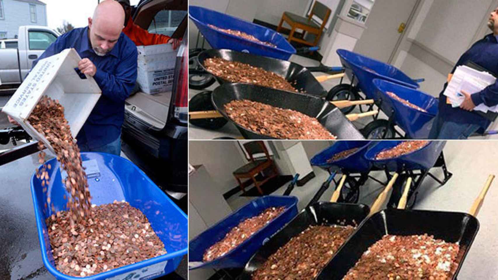 Nick Stafford, con las 300.000 monedas utilizadas para pagar 3.000 dólares de impuestos