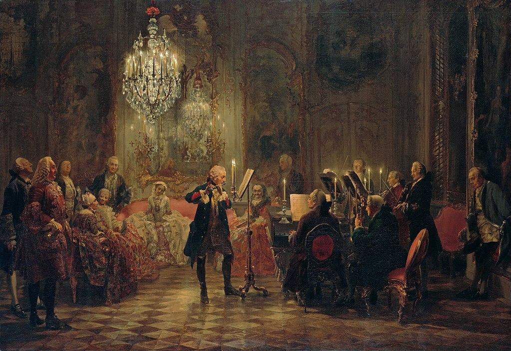 Federico El Grande tocando un concierto de flauta en el palacio de Sanssouci (1850), una obra de Adolph Menzel
