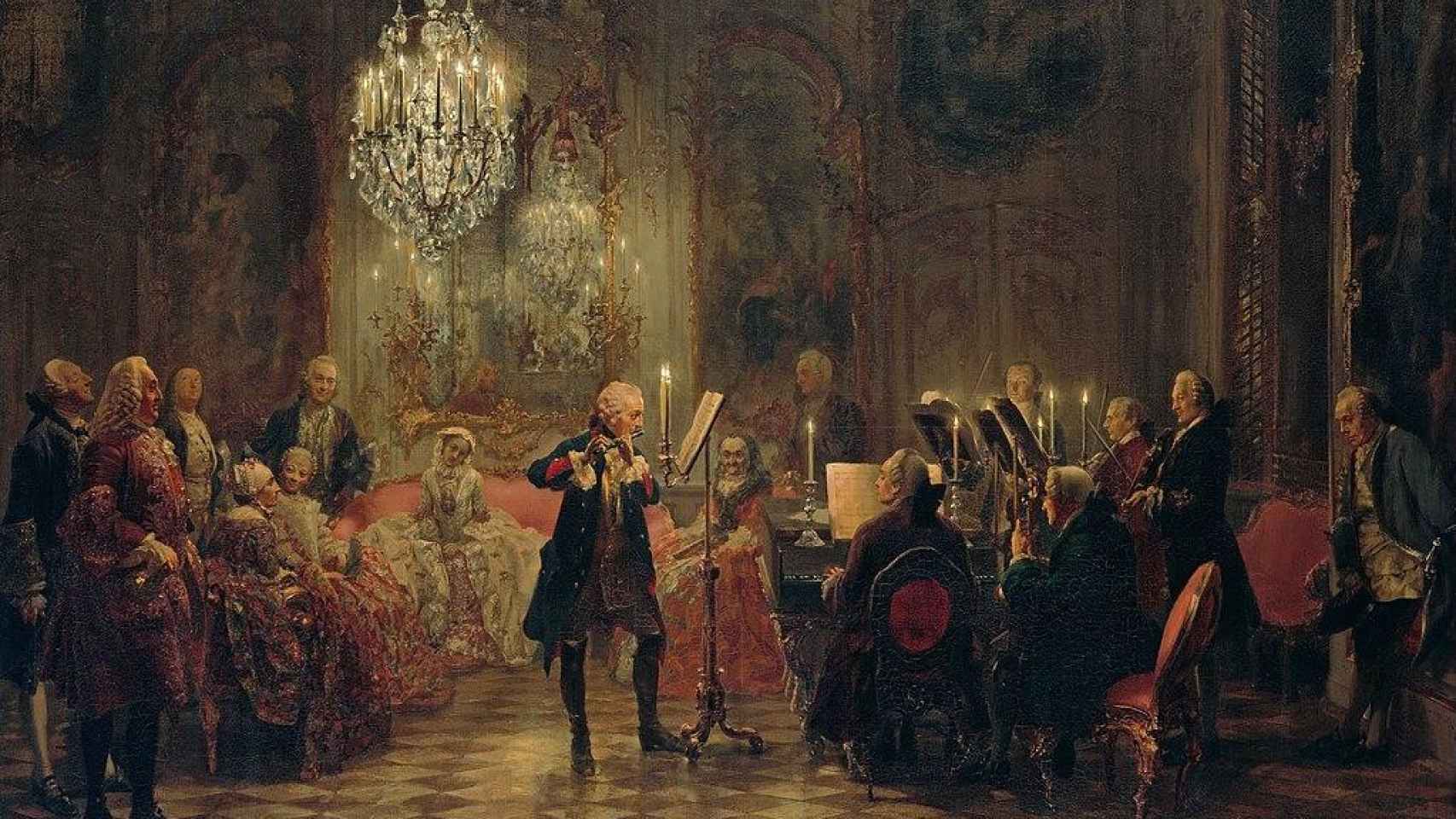 Federico El Grande tocando un concierto de flauta en el palacio de Sanssouci (1850), una obra de Adolph Menzel