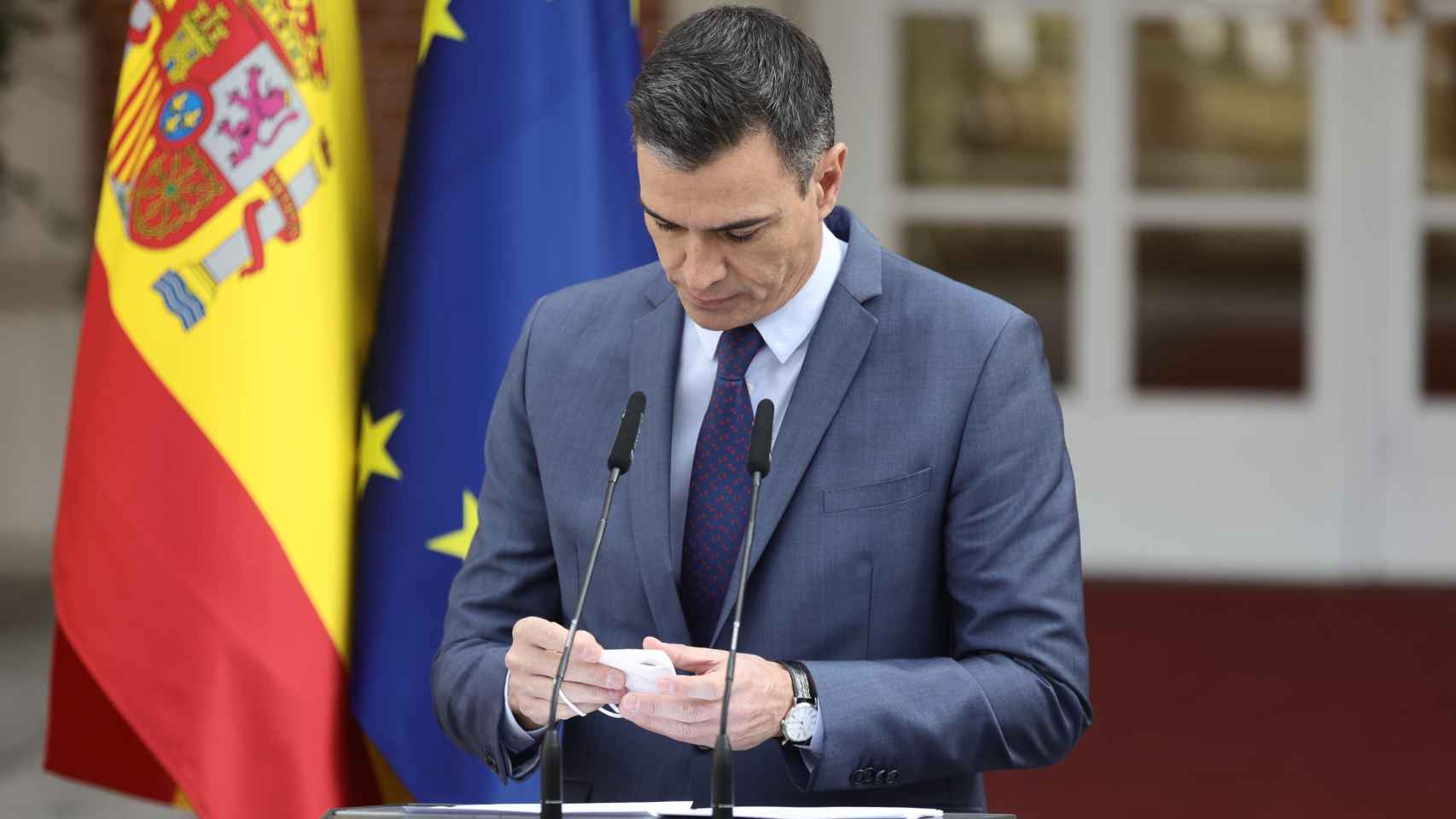 El presidente del Gobierno, Pedro Sánchez, realiza una declaración institucional sobre la situación en Ucrania desde el Palacio de La Moncloa / EP