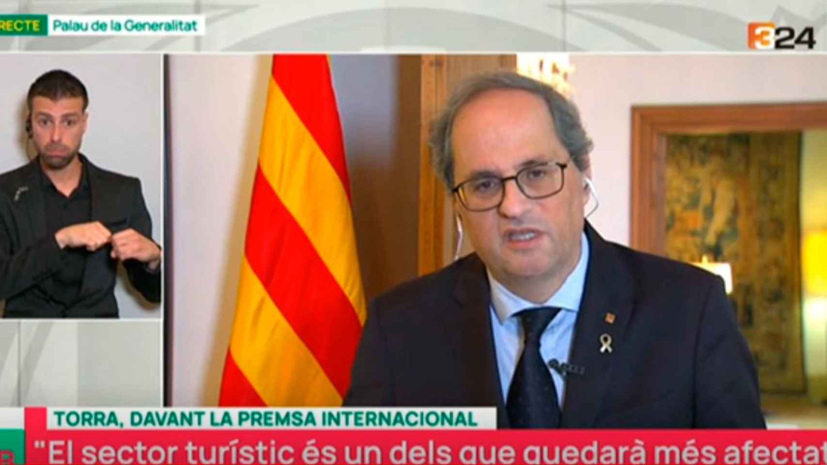 El presidente de la Generalitat, Quim Torra, comparece por vía telemática ante los medios internacionales / TV3