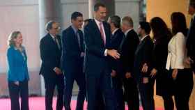 El rey Felipe VI, el presidente del Gobierno, Pedro Sánchez (3i), y el de la Generalitat, Quim Torra (2i), en la inauguración del Mobile World Congress de Barcelona / EFE