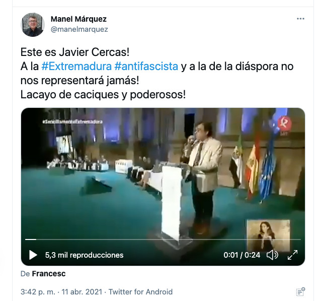 Tuit con el corte de vídeo de Cercas / MANEL MÁRQUEZ
