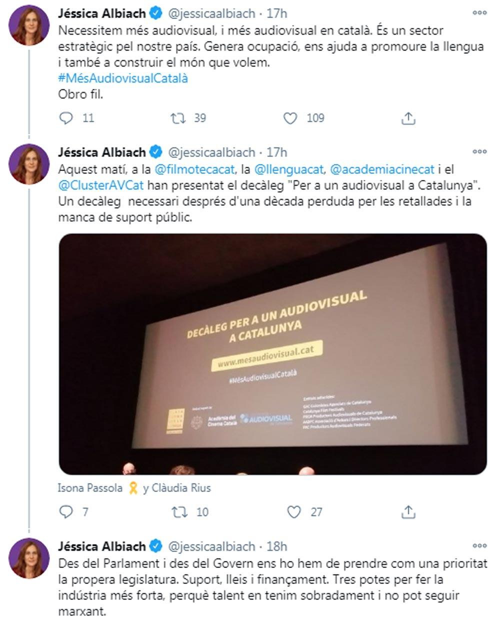 Jèssica Albiach, apoyando el decálogo del audiovisual de Plataforma per la Llengua en Twitter