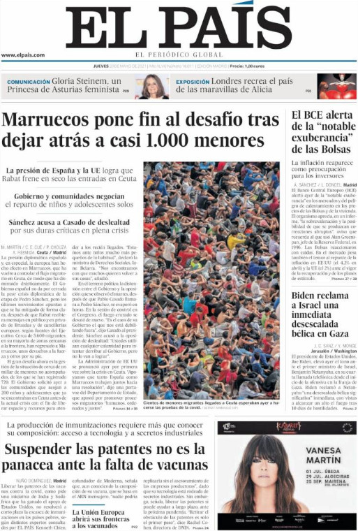 Portada de 'El País' del 20 de mayo de 2021 / EL PAÍS