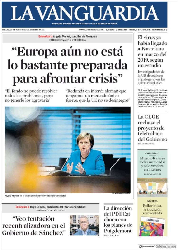 Portada de La Vanguardia del 27 de junio de 2020
