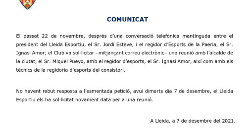 Comunicado emitido por la dirección del Lleida Esportiu
