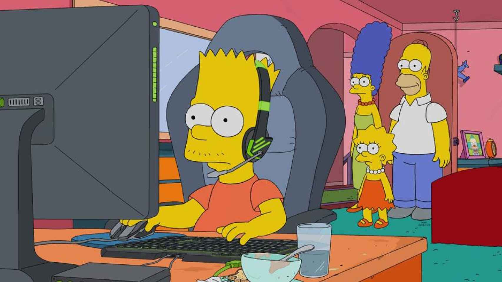 Bart Simpson jugando a 'League of Legends' bajo la atenta mirada de su familia / LOS SIMPSON