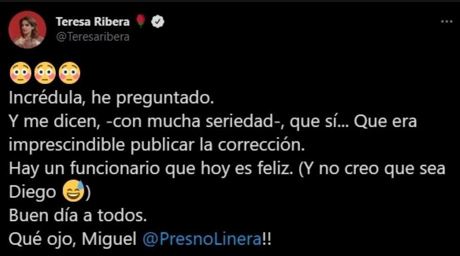 El tuit de la ministra Teresa Ribera / TWITTER
