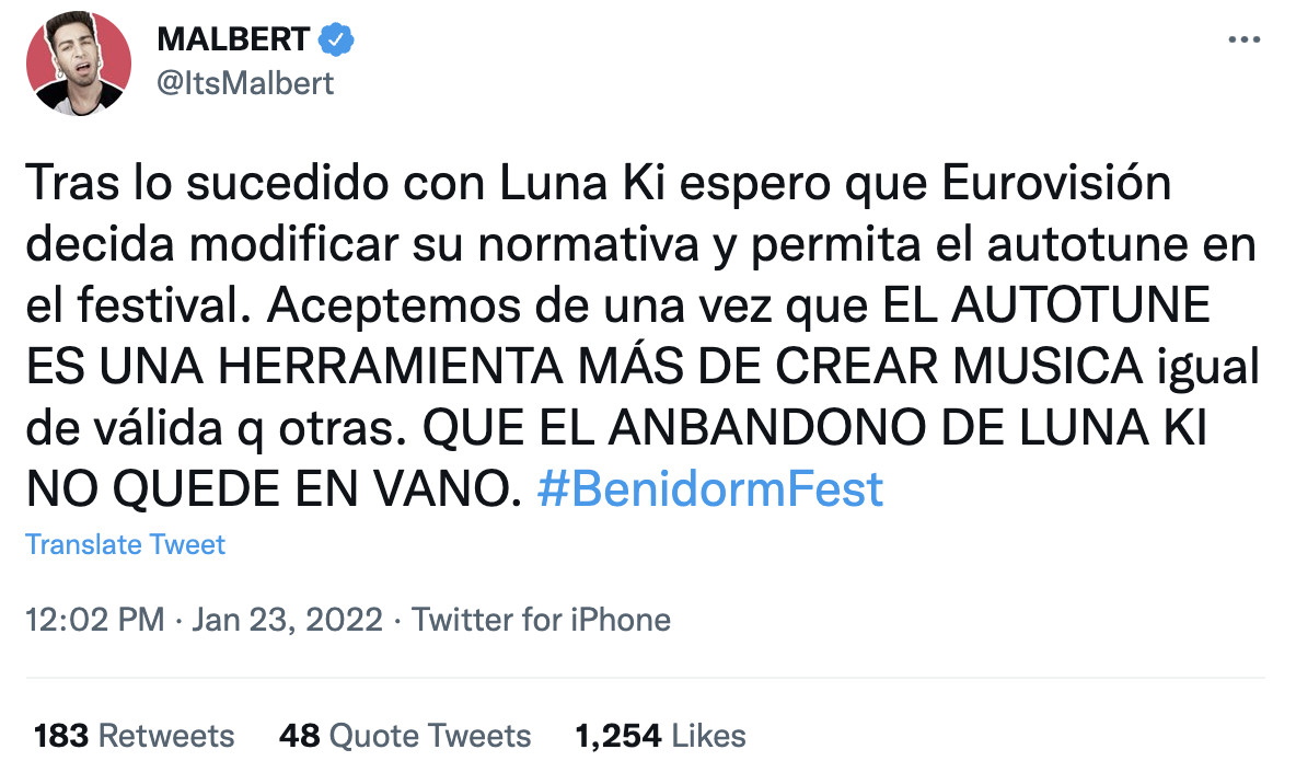 Publicación de Malbert sobre la decisión de Luna Ki de abandonar el Benidorm Fest / TWITTER