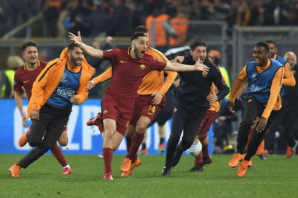 Manolas (Roma) celebrando su gol contra el Barça / EFE
