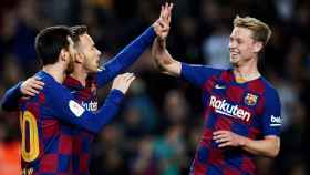 Messi, De Jong y Arthur celebran un gol contra el Leganés / EFE