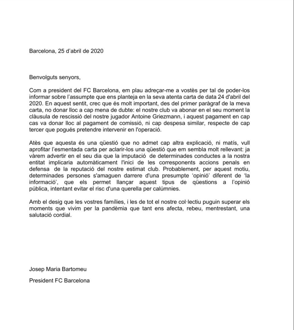Carta de respuesta de Bartomeu a los 21 socios / Culemanía
