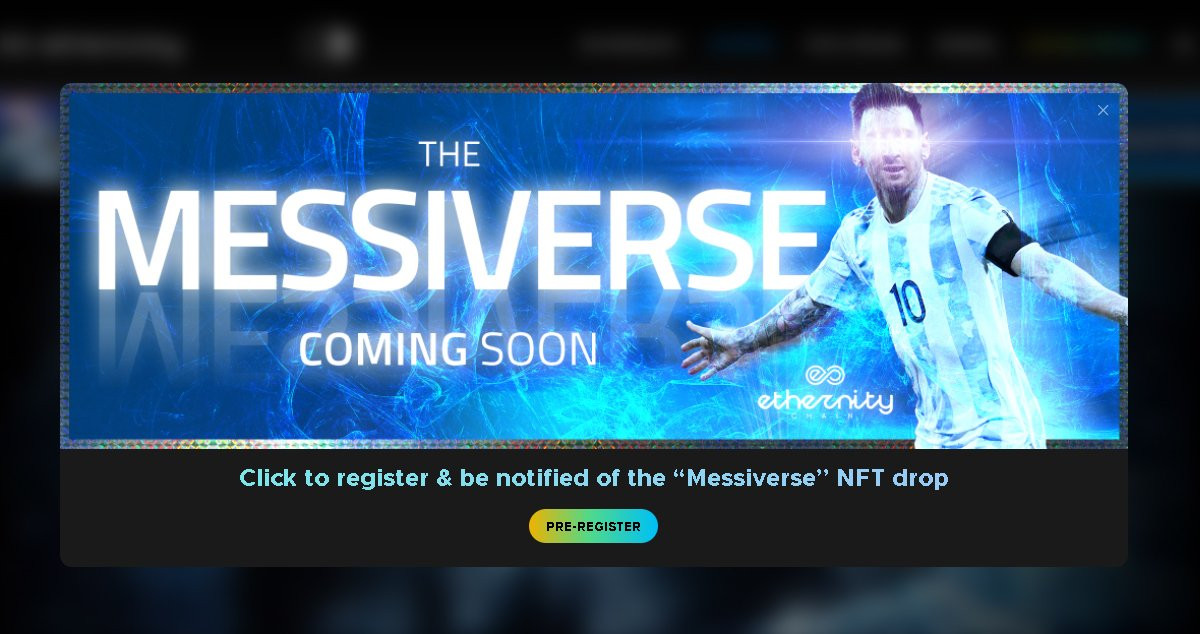 Mensaje de la página de Ethernity anunciando las cartas de Messi / ethernity.io